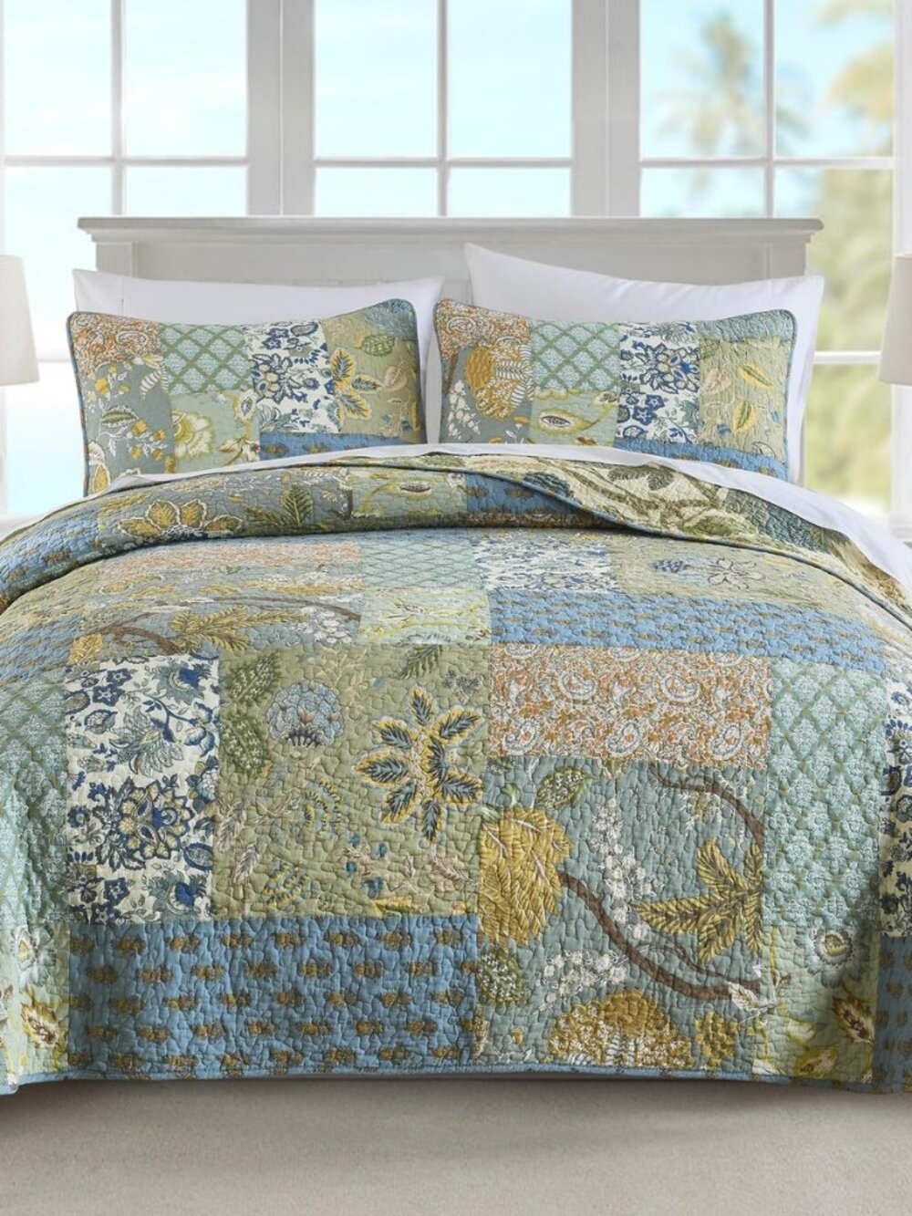 Quilt Set Queen Size, 100% Cotton Patchwork Green Bohemian Quilt Sets